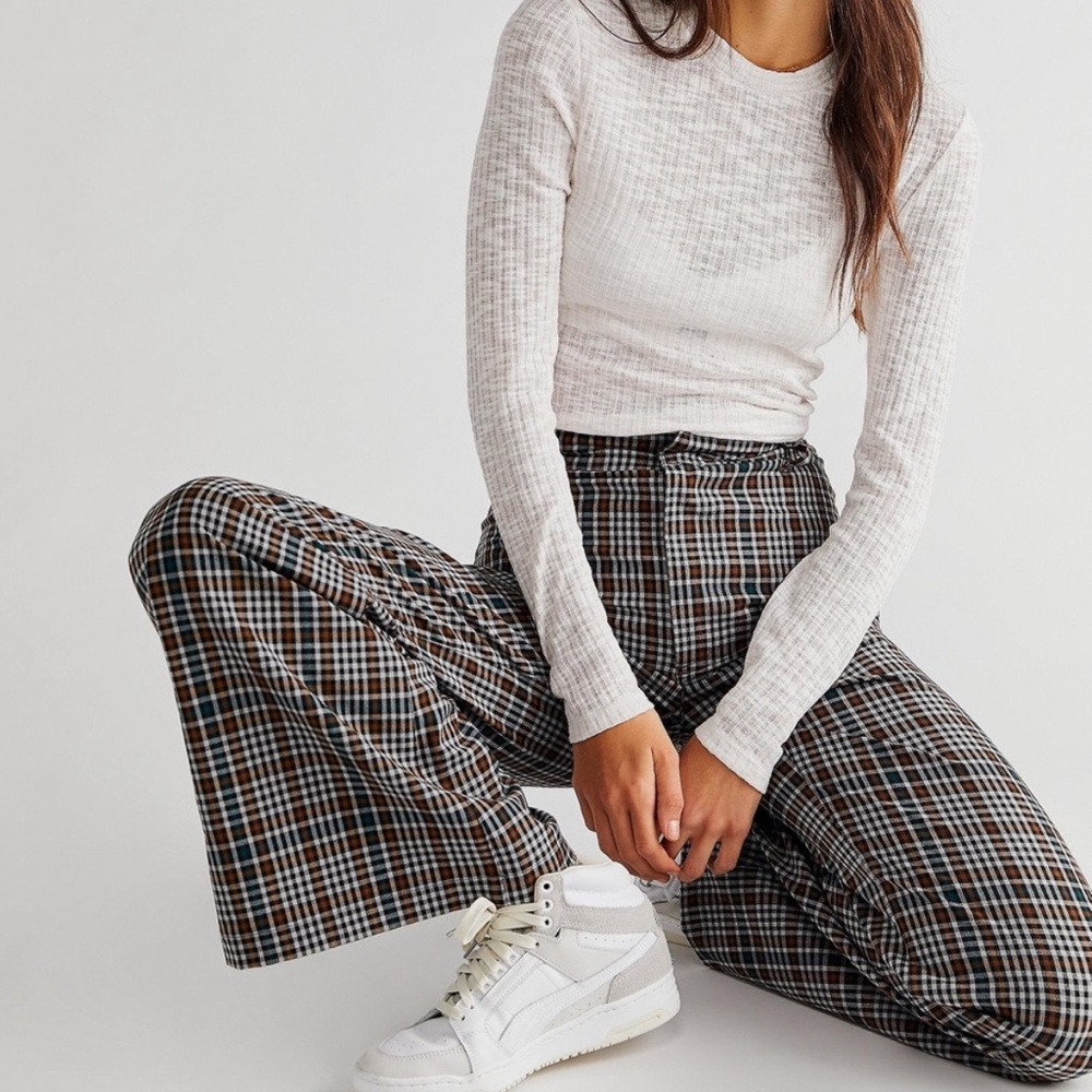 Free People Plaid Jules Wide Leg Pants - Teal/Brown